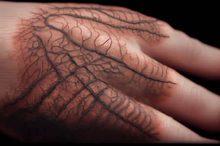close-up of scar on persons hand, with intricate details visible, created with generative aiの素材