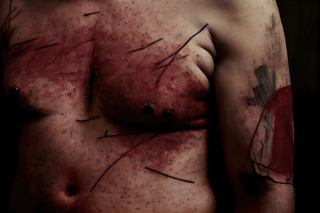 scar on body of survivor of a vicious attack, with stitches still visible, created with generative aiの素材
