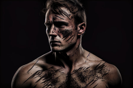 person, showing the scars of past battle , standing strong and proud, created with generative aiの素材
