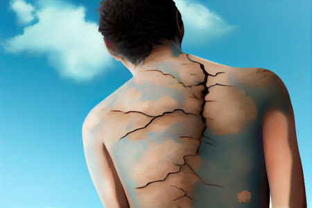 scar on back, with healed and scarred skin, against a blue sky, created with generative aiの素材