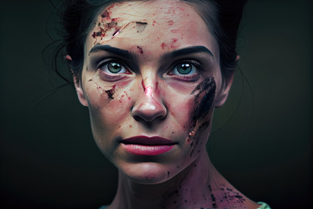 woman, with scar that runs across her face and neck, looking at the camera in close-up, created with generative aiの素材