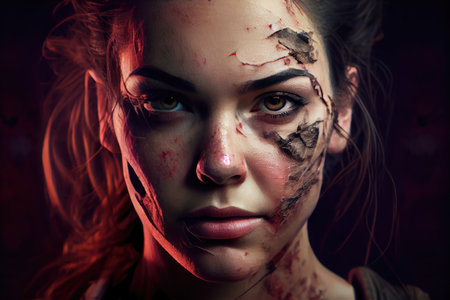 woman, with scar that runs across her face and neck, looking at the camera in close-up, created with generative aiの素材