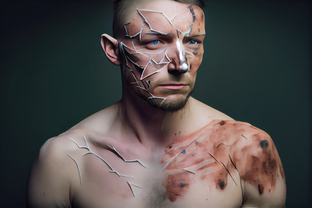 scar on body, surrounded by other scars, from various surgeries and injuries, created with generative aiの素材