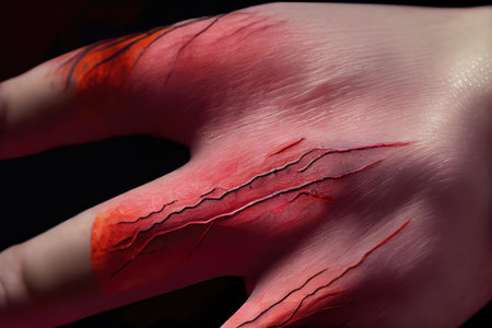 close-up of scar on hand, with visible details, created with generative aiの素材