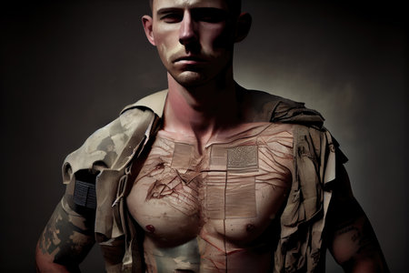 scar on body of soldier, a physical reminder of his service and sacrifice, created with generative aiの素材