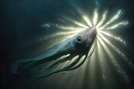 a giant squid, its tentacles writhing in the darkness of the deep sea, illuminated by a single ray of moonlight., created with generative aiの素材