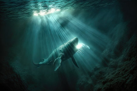 an underwater shot of a sea monster swimming in the depths, with rays of light filtering down through the water., created with generative aiの素材