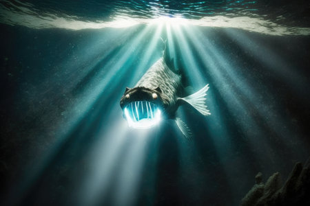 an underwater shot of a sea monster swimming in the depths, with rays of light filtering down through the water., created with generative aiの素材