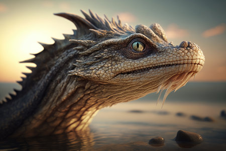 close-up shot of a sea monsters long, scaly neck as it emerges from the ocean., created with generative aiの素材