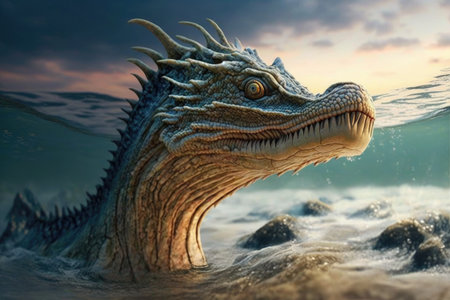 close-up shot of a sea monsters long, scaly neck as it emerges from the ocean., created with generative aiの素材