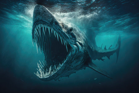 a prehistoric sea monster emerging from the depths of a dark ocean, its large jaws filled with razor-sharp teeth., created with generative aiの素材