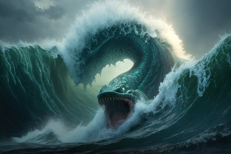 a sea monster emerging from the ocean, its massive body creating a huge wave as it comes ashore., created with generative aiの素材