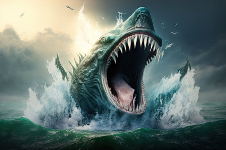 a terrifying sea monster bursting out of the ocean, its giant mouth filled with razor-sharp teeth., created with generative aiの素材