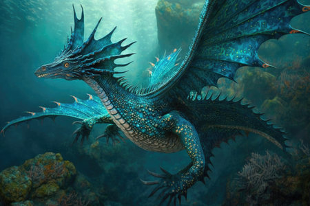 a mythical sea dragon, with its scaly body and large wings spread wide, created with generative aiの素材