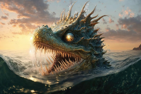 a sea monster emerging from the water, its scaly hide glistening in the sun., created with generative aiの素材