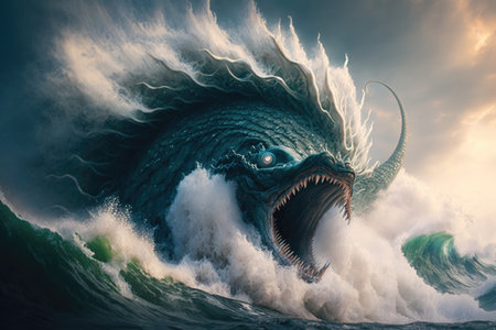 a sea monster emerging from the ocean waves, its massive body creating huge waves of its own., created with generative aiの素材