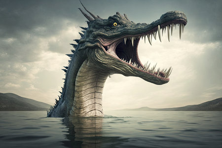 a sea monster rising from the water, with its towering head and long neck in full view., created with generative aiの素材