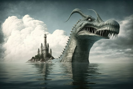 a sea monster rising from the water, with its towering head and long neck in full view., created with generative aiの素材