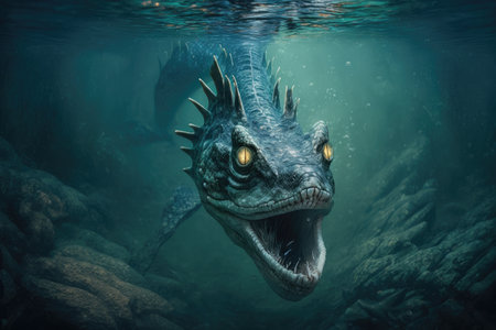 a sea monster emerging from the depths, its scaly head and long neck visible, created with generative aiの素材
