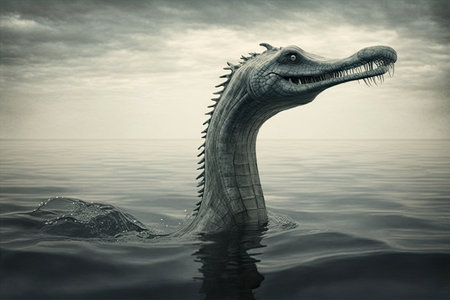a sea monster emerging from the water, its long neck and head stretching upwards, created with generative aiの素材