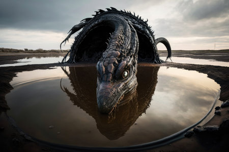 an ancient sea monster, trapped in a tar pit and preserved for eons, created with generative aiの素材