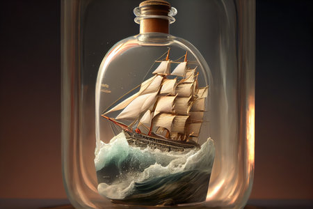 ship model in bottle with stormy sea and waves visible through the glass, created with generative aiの素材