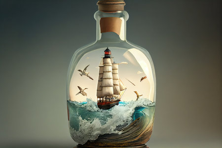 ship model in bottle with lighthouse, waves and seagulls for majestic view, created with generative aiの素材