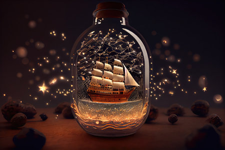 ship model floating in bottle filled with dark liquid, surrounded by twinkling stars, created with generative aiの素材