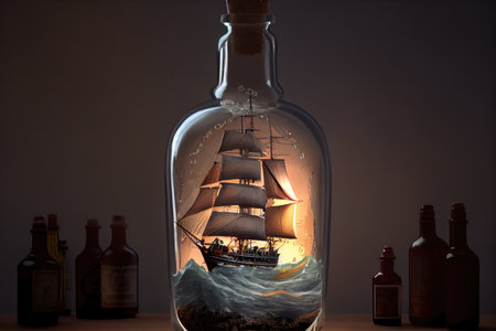 a model of a pirate ship sailing through stormy seas in a bottle, created with generative aiの素材