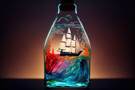 ship model in bottle, filled with colored water and lit from the inside, created with generative aiの素材