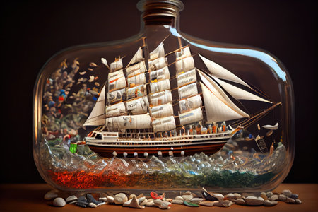 ship model in bottle surrounded by collection of miniature bottles and jars, creating beautiful display, created with generative aiの素材