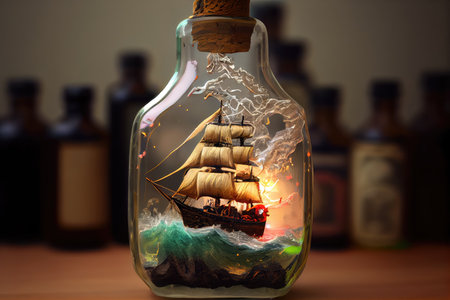 miniaturized pirate ship surrounded by stormy waves and lightning in bottle, created with generative aiの素材