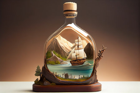 ship model in bottle with serene landscape scene, including river and mountains, created with generative aiの素材