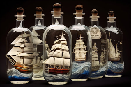 collection of ship models in bottles, each one unique and special, created with generative aiの素材