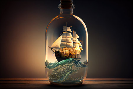 ship model floating in bottle, with gentle waves and sunlight shining through the glass, created with generative aiの素材