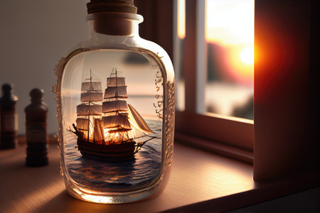 ship model in bottle on white background, with sunlight coming through the window, created with generative aiの素材