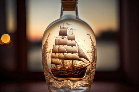 the elegant lines of a sailing ship, captured forever in a bottle, created with generative aiの素材