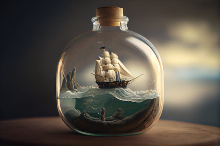 a ship model in a bottle, with a view of the open sea, created with generative aiの素材