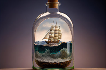 a ship model in a bottle, with a view of the open sea, created with generative aiの素材