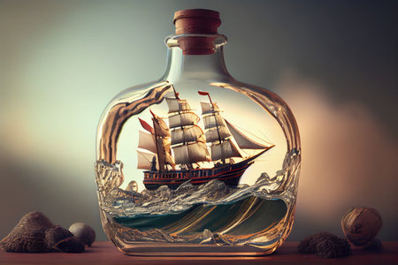 ship model sailing through stormy waters in a bottle, created with generative aiの素材
