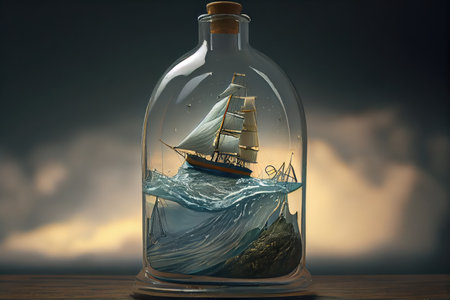 ship model sailing through stormy waters in a bottle, created with generative aiの素材