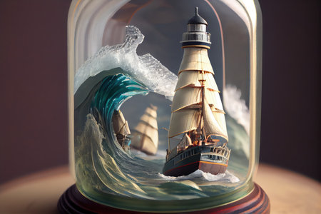 ship model in bottle with view of the ocean, waves and lighthouse visible, created with generative aiの素材