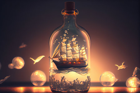 ship model floating in water-filled bottle, with light shining through, created with generative aiの素材