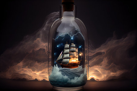 ship model in bottle on dark background, with flashes of lightning and stormy sky, created with generative aiの素材