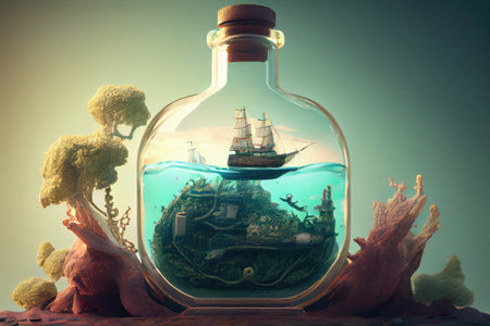 ship model in bottle, with view of serene underwater ocean environment, created with generative aiの素材