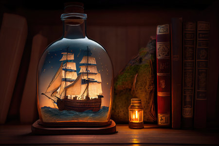 ship model in bottle on wooden table with books and lanterns, created with generative aiの素材