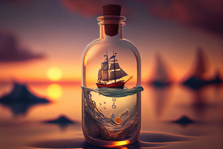 miniature ship in bottle floating on calm sea with serene sunsets, created with generative aiの素材