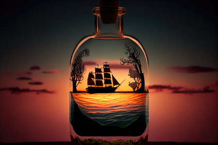miniature ship in bottle floating on calm sea with serene sunsets, created with generative aiの素材