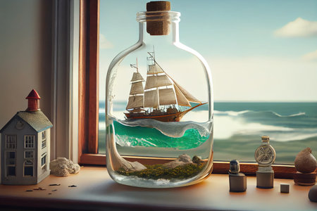 stylish modern house with view of the ocean, and ship model in a bottle on the table, created with generative aiの素材