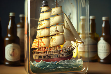 ship model in bottle, surrounded by collection of other ship models and nautical memorabilia, created with generative aiの素材